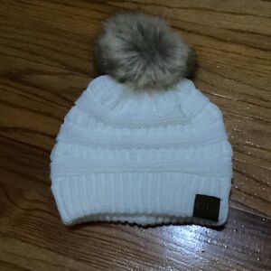 C.C. Boutique White Knit Beanie with Brown Pom-Pom